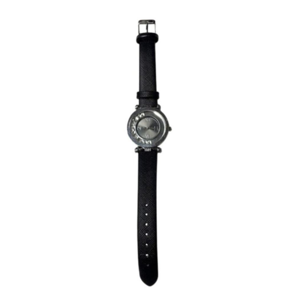 Womans Wristwatch Silver Black Leather Watch Quartz Stainless Steel Rhinestone